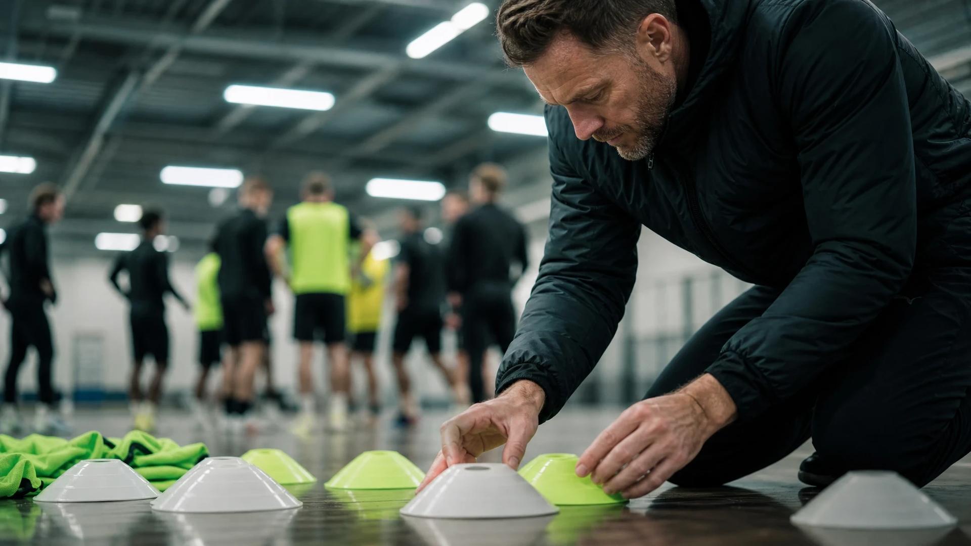 Close-up of a trainer's hands arranging training cones inside a football training facility.