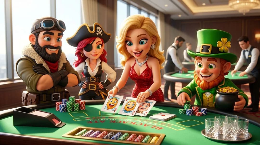NordicSpins mascots preparing for a game at a Blackjack table in a casino.