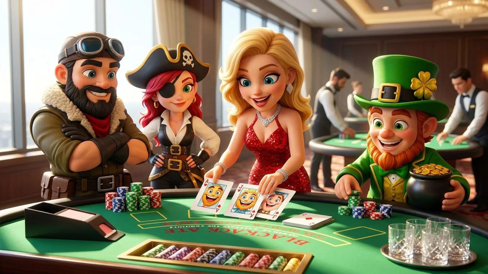 NordicSpins mascots preparing for a game at a Blackjack table in a casino.