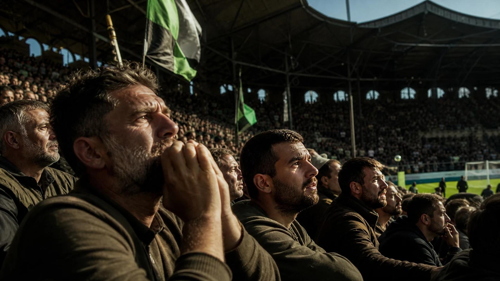 Close-up of excited football fans in a stadium under midday sun.