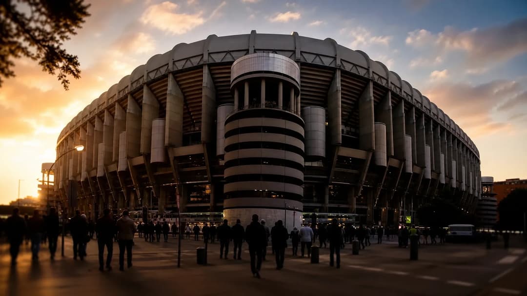 Wide shot of the Santiago Bernabéu Stadium at sunset with vibrant colors.