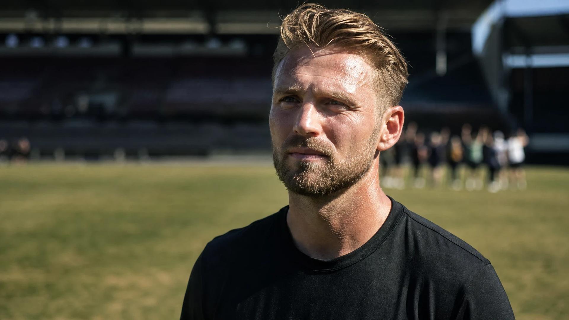 Rosenborg coach Freyr Alexandersson stands on the pitch with a contemplative expression.