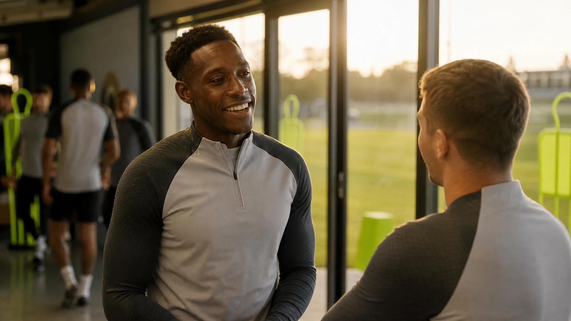 Danny Welbeck chatting with a teammate at Chelsea's training ground during golden hour.