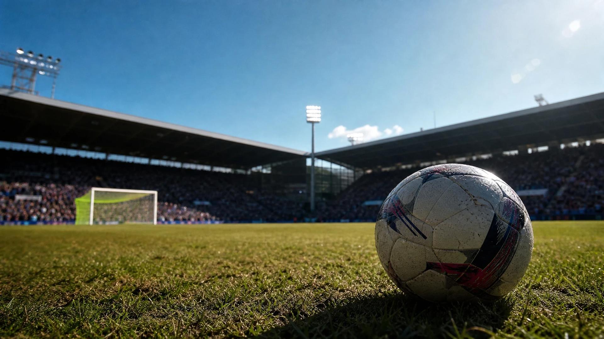A close-up of a football on a pitch at Selhurst Park with stadium stands in the background.