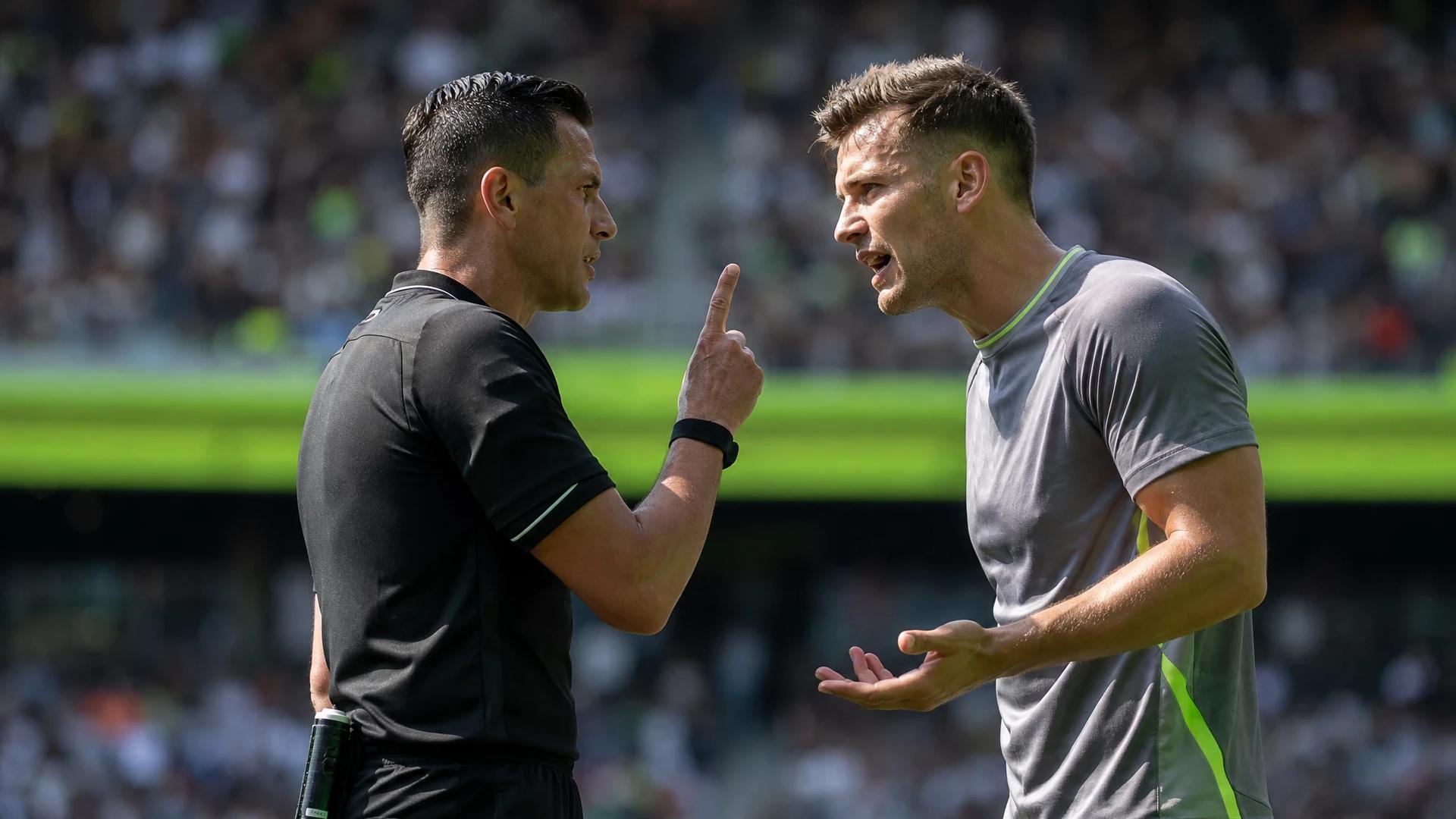 A referee and a football player engaged in a heated discussion during a match.
