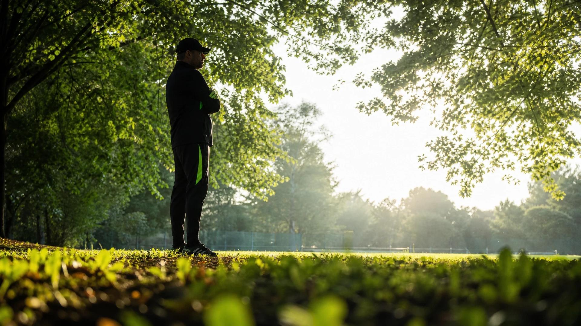 A silhouetted figure of a coach stands against a bright background at Liverpool's training ground, illuminated by dappled sunlight.