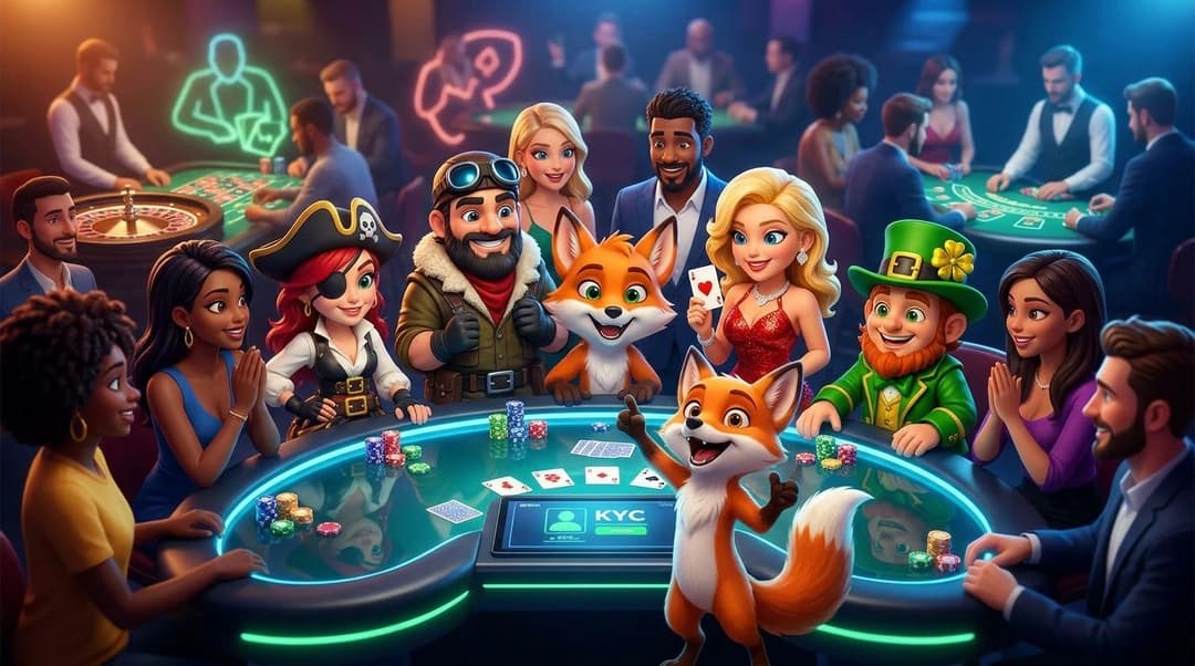 An animated fox mascot demonstrating KYC verification at a bustling casino table.