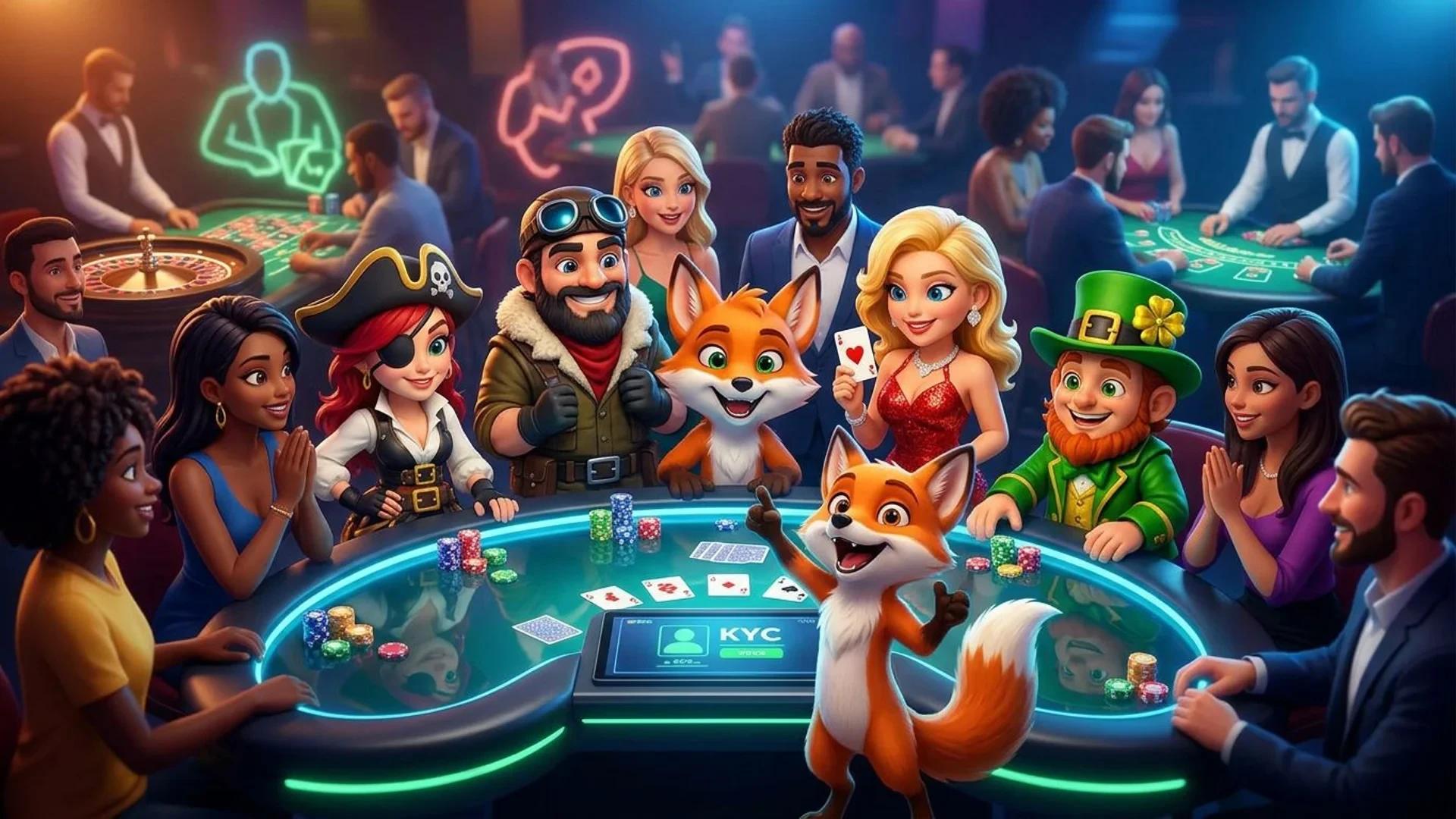 An animated fox mascot demonstrating KYC verification at a bustling casino table.