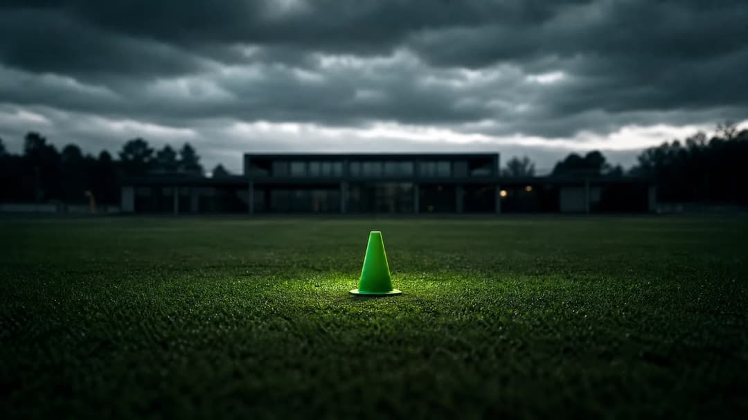 An empty football training pitch with a solitary training cone under a cloudy sky.