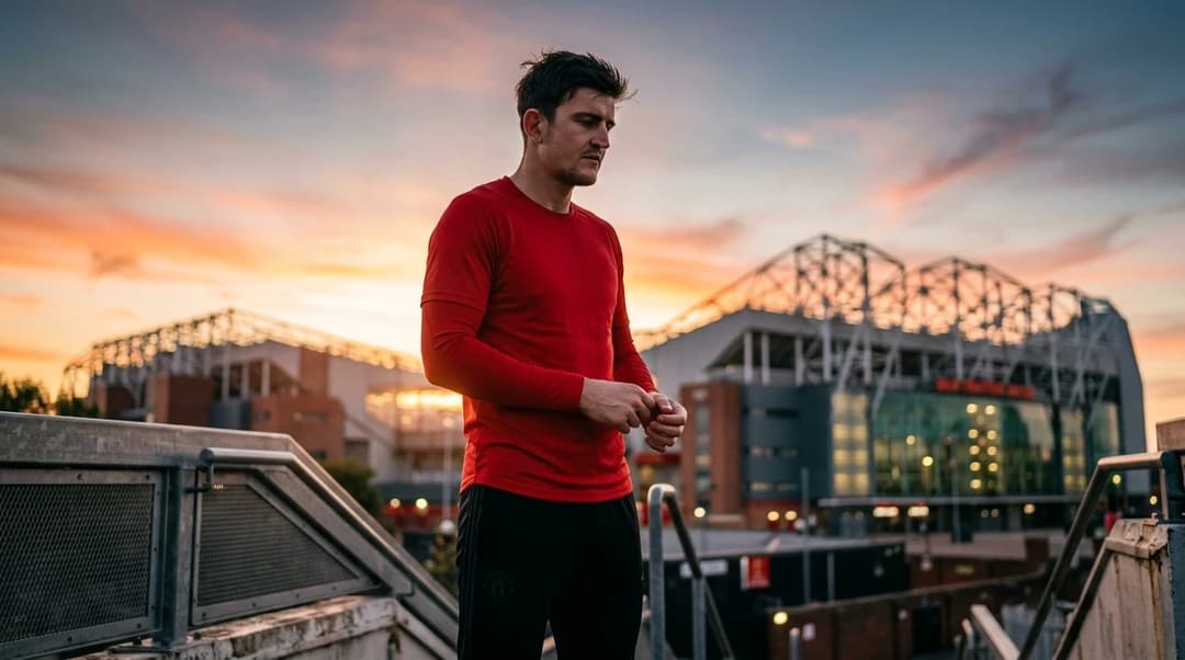En Manchester United-spiller står tankefullt med Old Trafford i bakgrunnen, belyst av gyllent kveldslys.