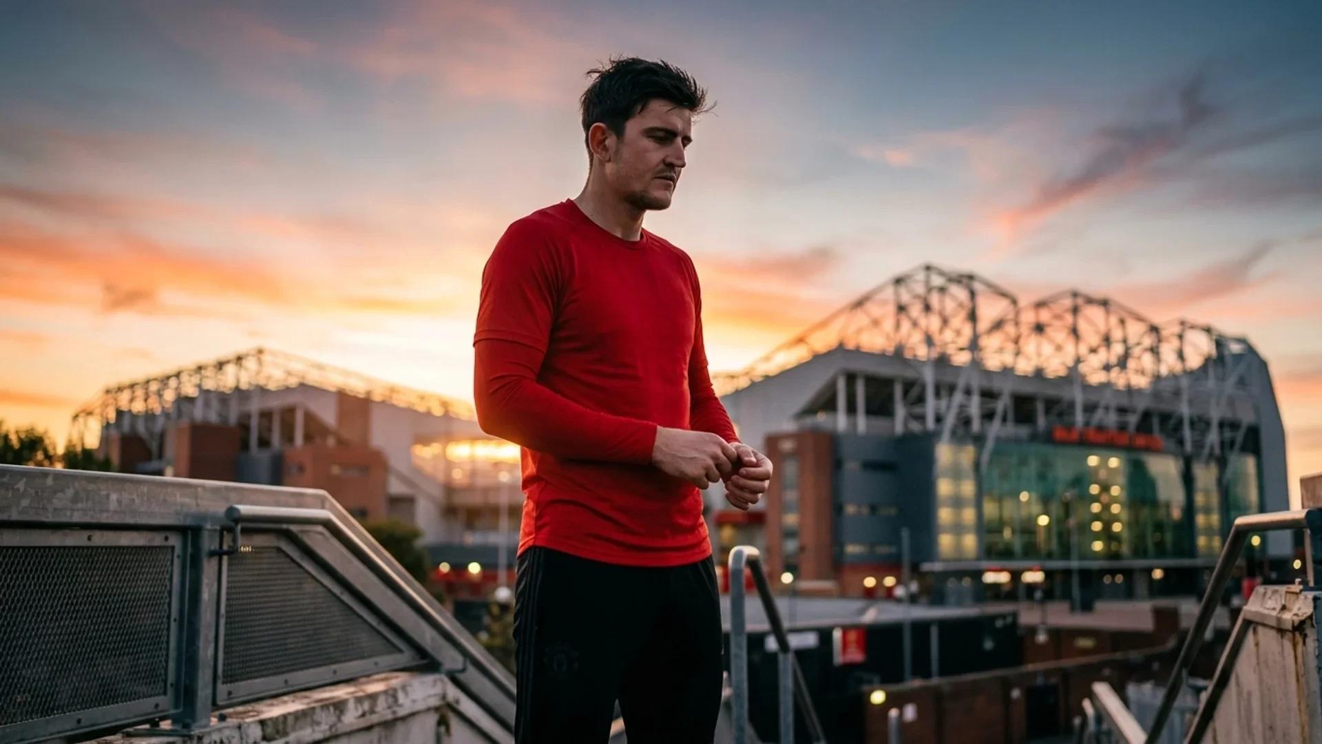 En Manchester United-spiller står tankefullt med Old Trafford i bakgrunnen, belyst av gyllent kveldslys.