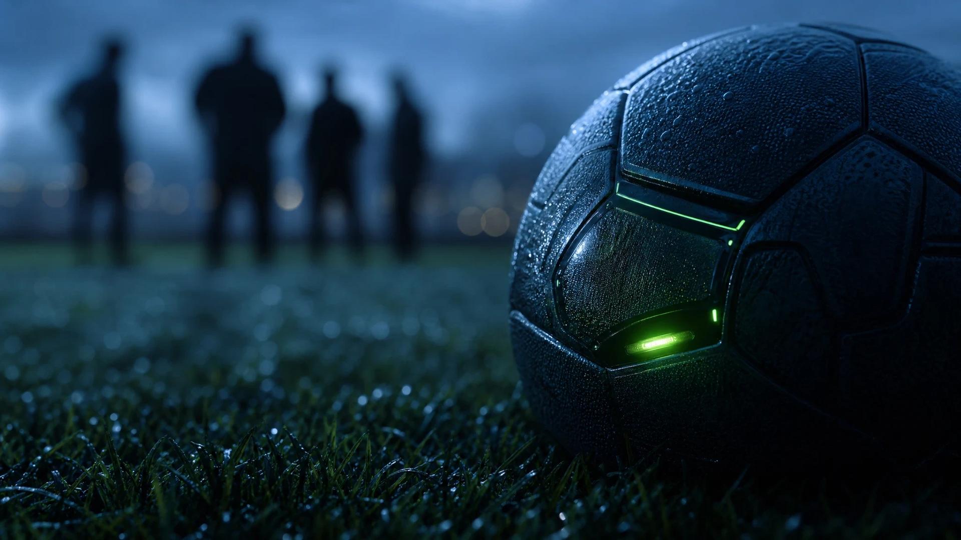 An extreme close-up of a solitary football on grass with a hint of neon green glow, set against a dark blue dusk background.