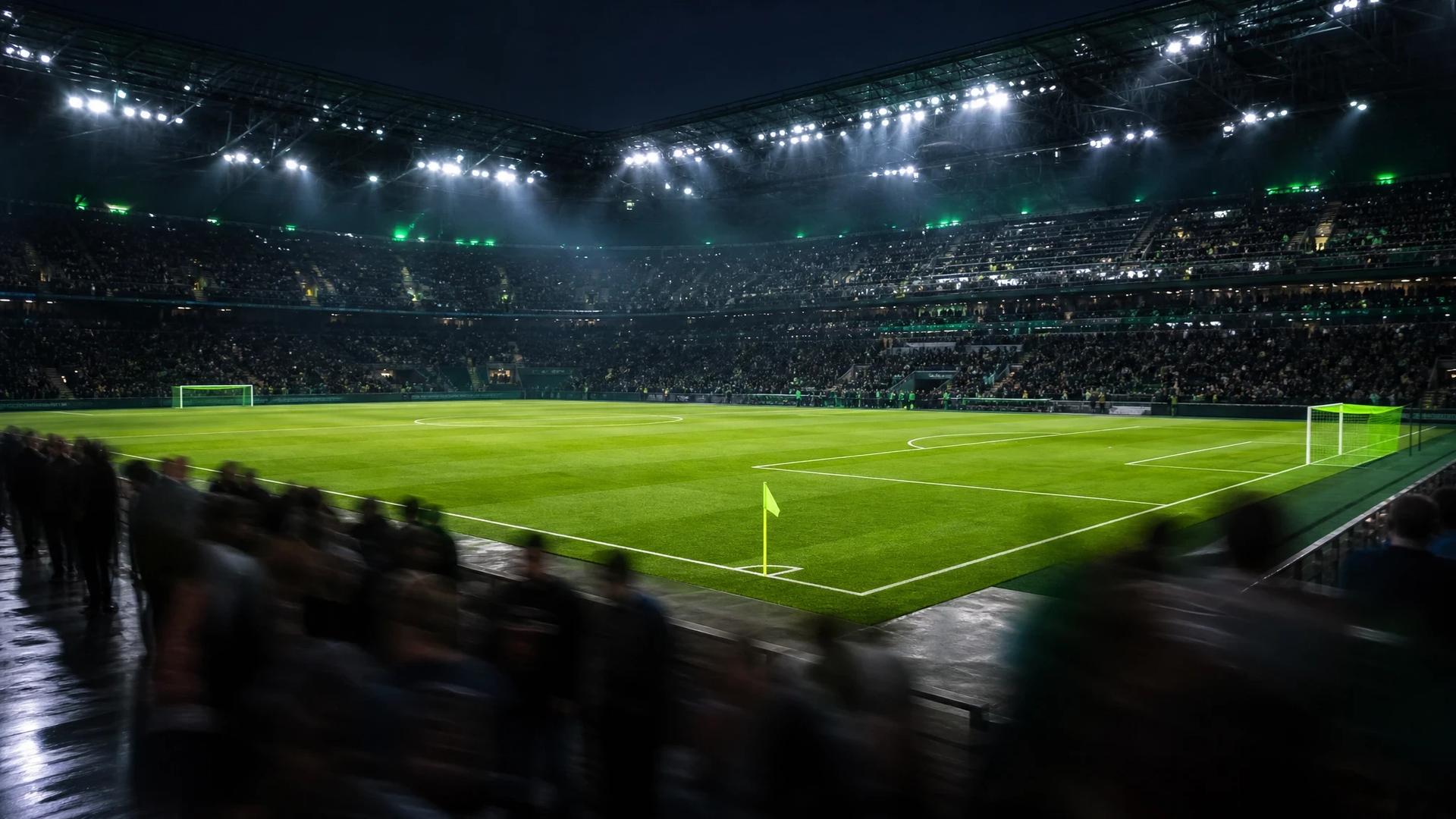 An empty football stadium field illuminated by artificial lights with hints of neon green.