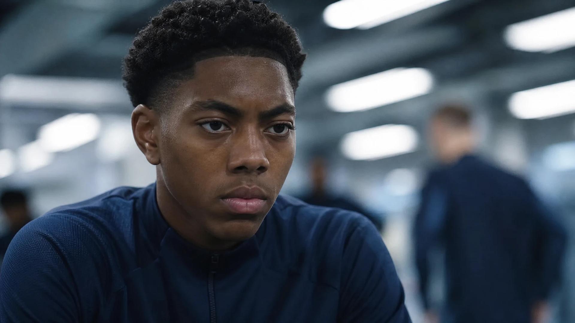 A close-up of Myles Lewis-Skelly focusing intensely during training.