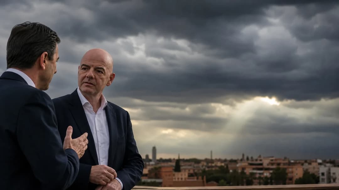 Gianni Infantino converses with a European league representative under dark stormy clouds.