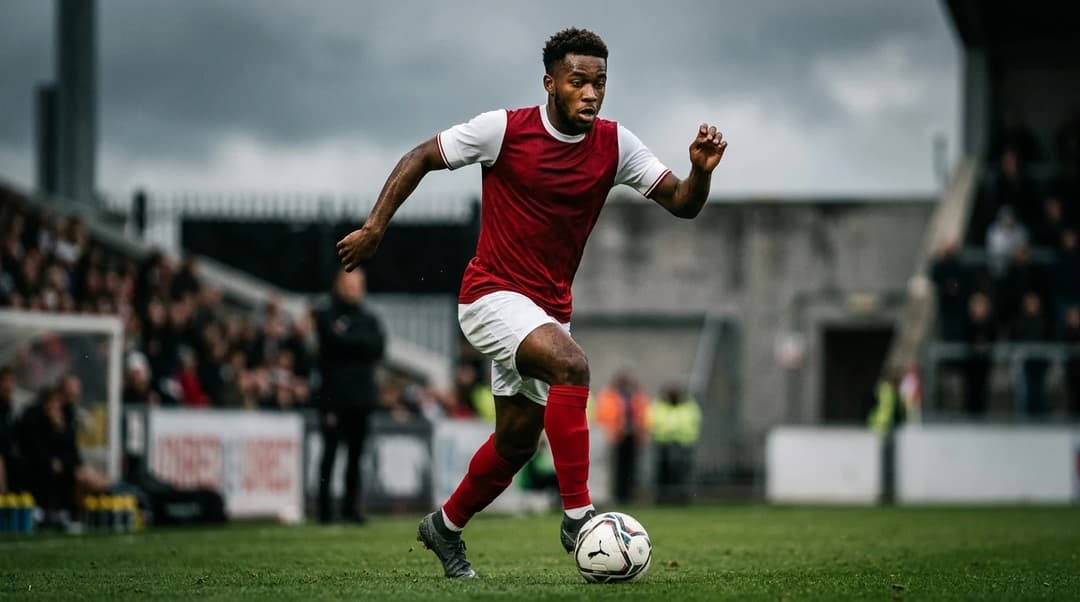 A close-up of an Arsenal player dribbling the ball during a friendly match against Real Betis, under dark, stormy clouds.