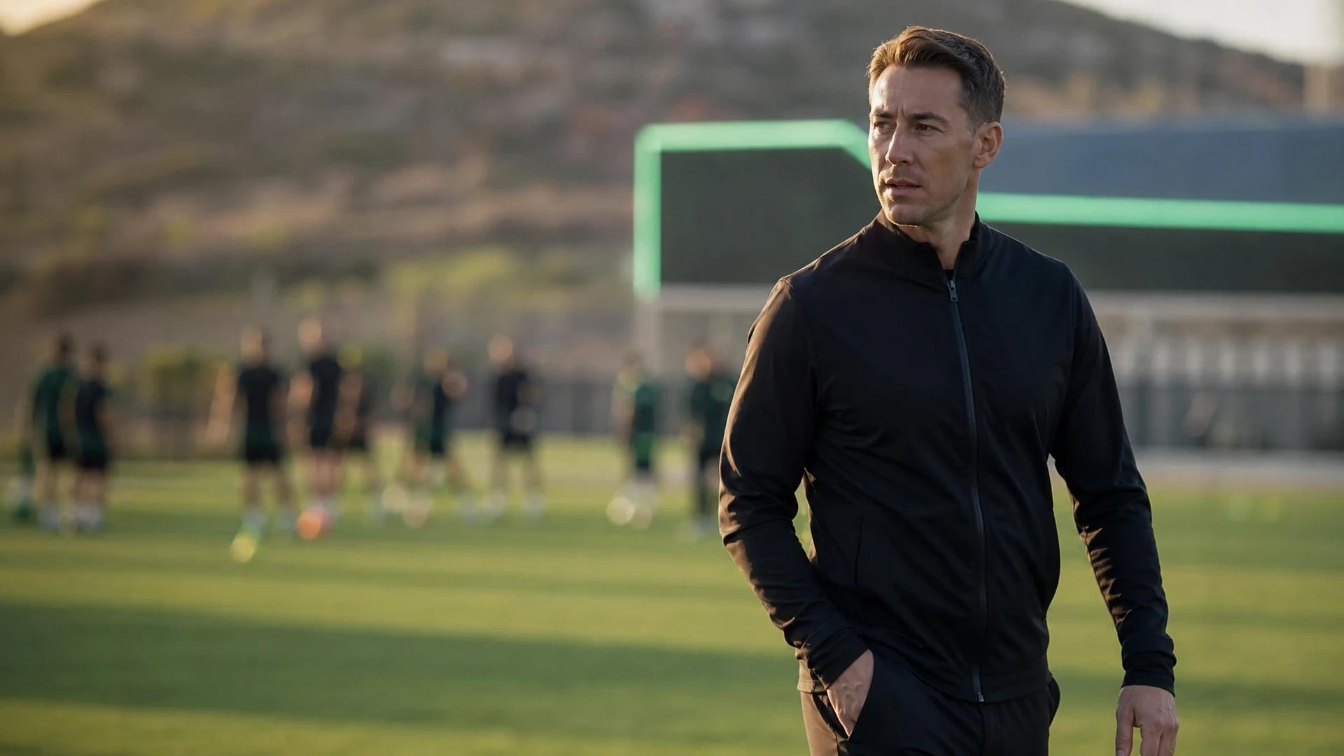 Matthias Jaissle walking across the training ground at La Manga, illuminated by natural light.