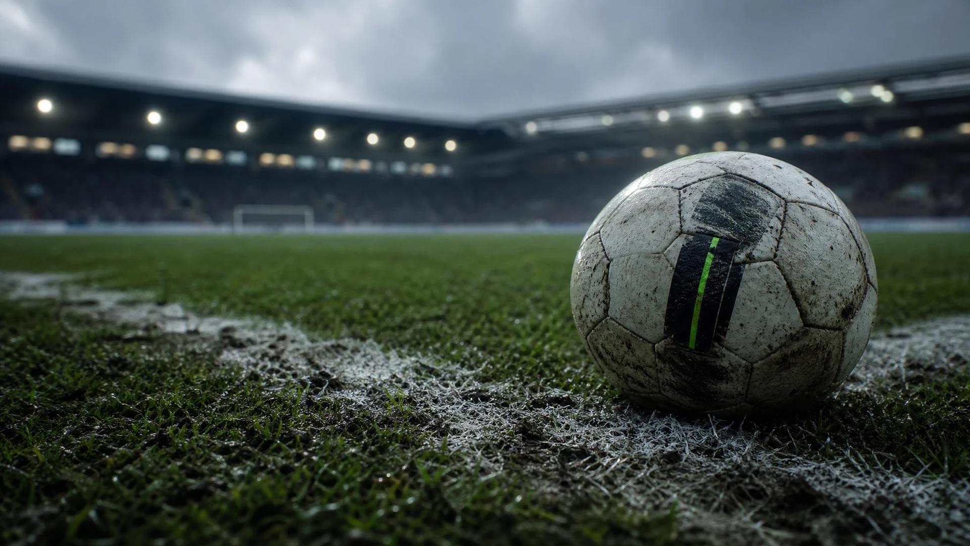 A close-up view of a football on a grass pitch with subtle neon green highlights, under cold fluorescent light.