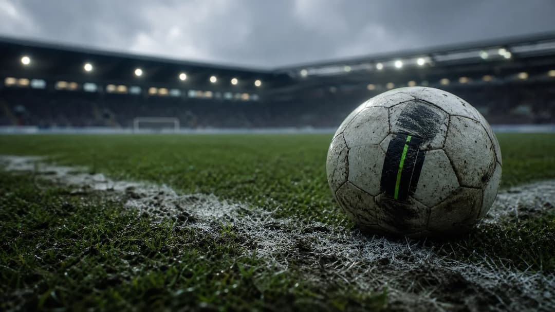 A close-up view of a football on a grass pitch with subtle neon green highlights, under cold fluorescent light.
