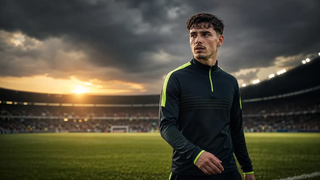 A football player standing on a pitch under a stormy sky.
