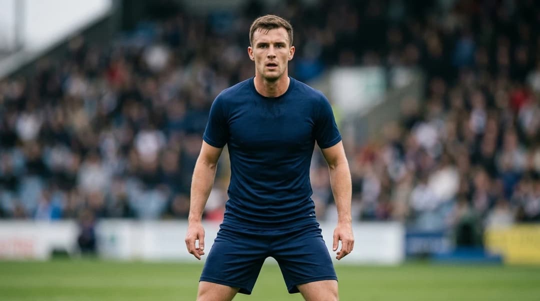 Ben Whiteman stands on a football pitch, displaying determination and focus.