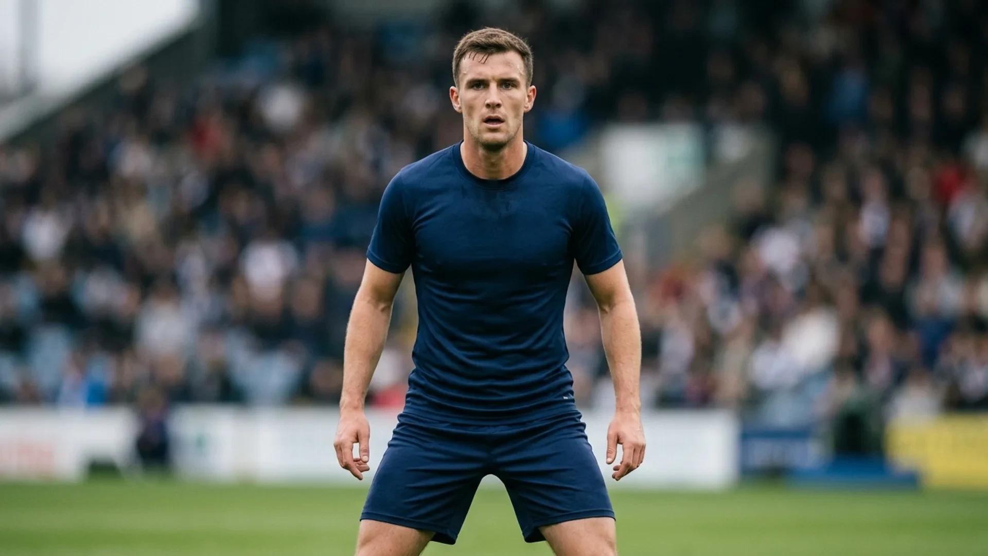 Ben Whiteman stands on a football pitch, displaying determination and focus.