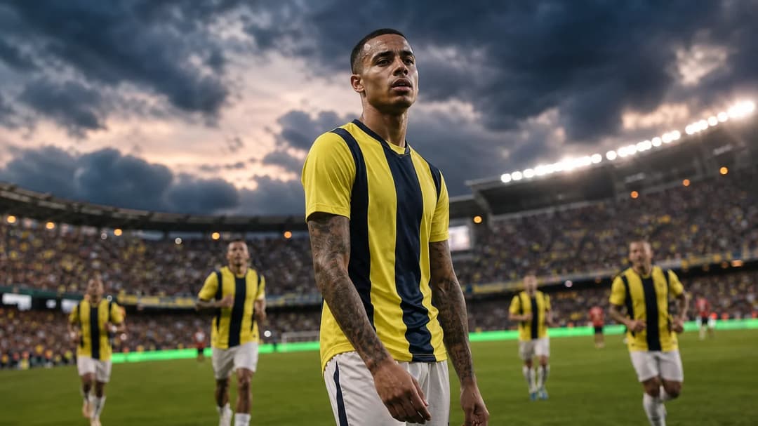 Mason Greenwood poised to make a play at Şükrü Saracoğlu Stadium under stormy skies.
