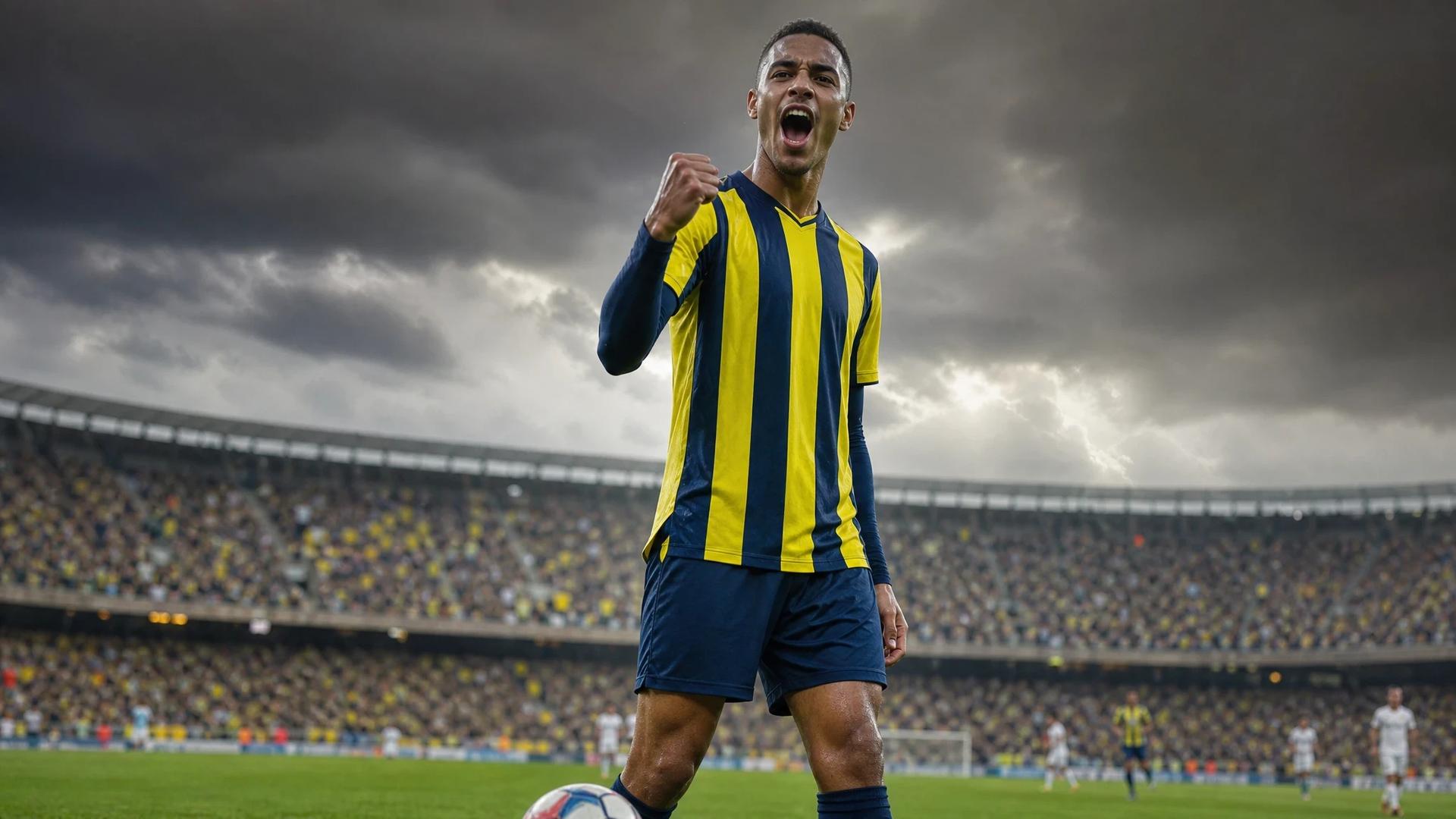 Mason Greenwood celebrating after scoring a goal for Fenerbahçe.