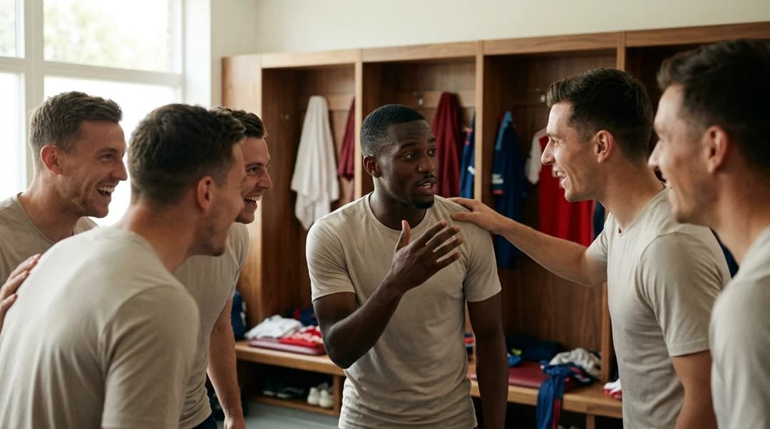 Arsenal players engaged in animated discussion in a locker room.