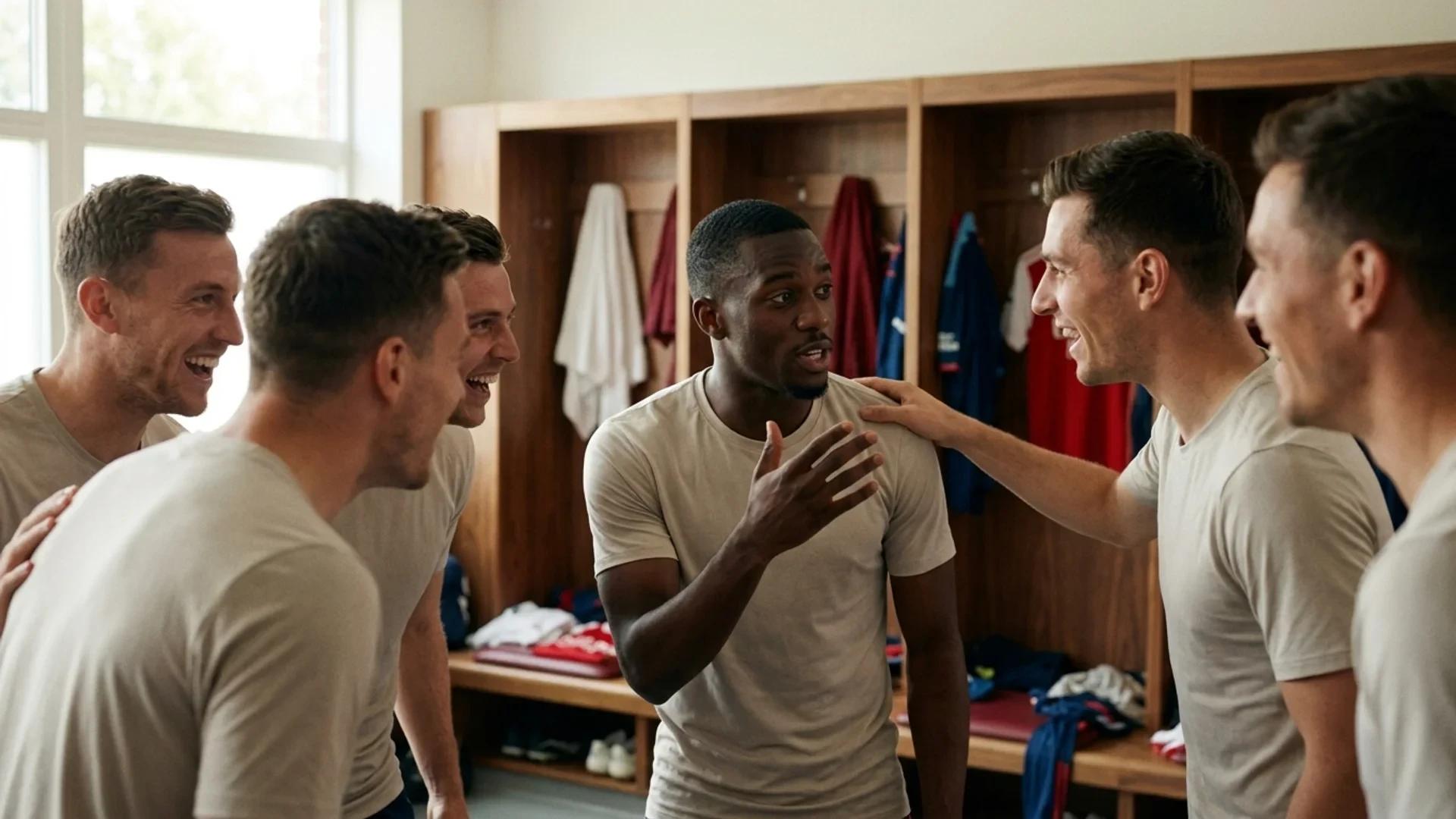 Arsenal players engaged in animated discussion in a locker room.