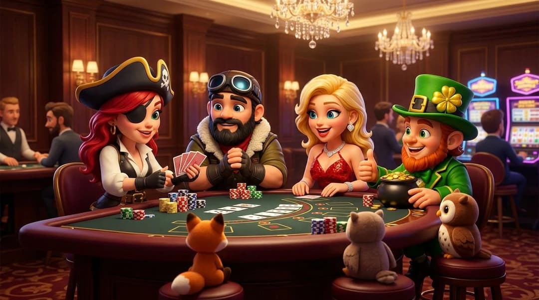 NordicSpins mascots gathered around a casino table, teaching a card game to plush toys.