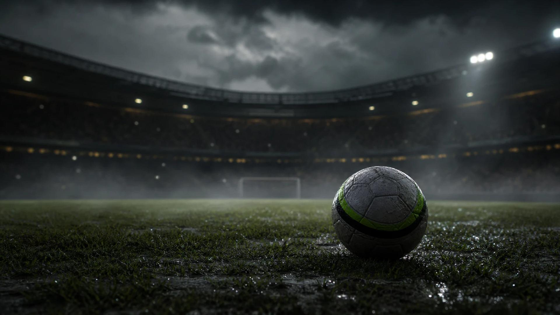 A football resting on the wet grass of a stadium under dramatic storm clouds.