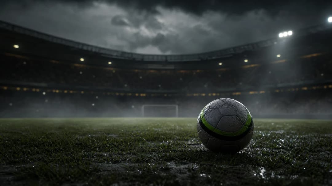 A football resting on the wet grass of a stadium under dramatic storm clouds.