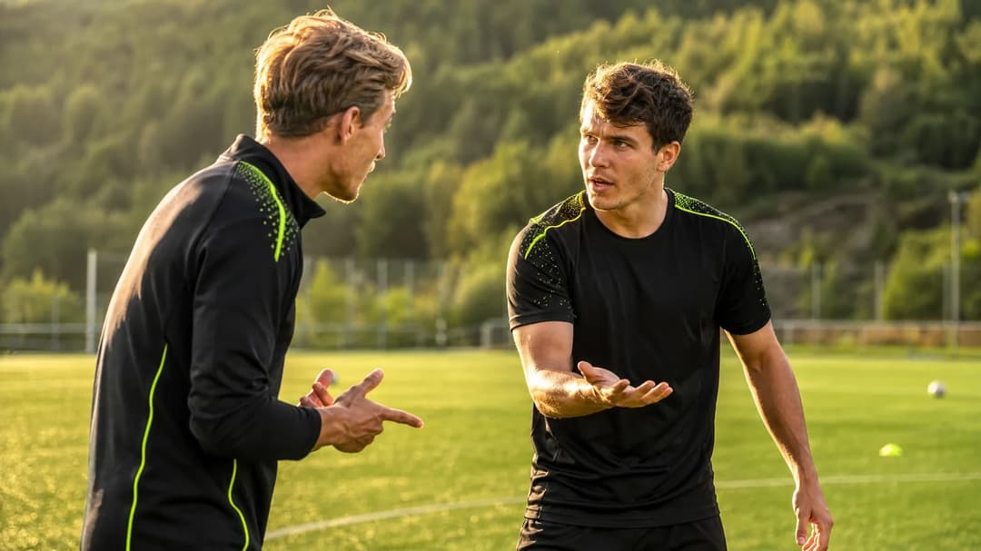 Two football players interacting on an artificial turf pitch.