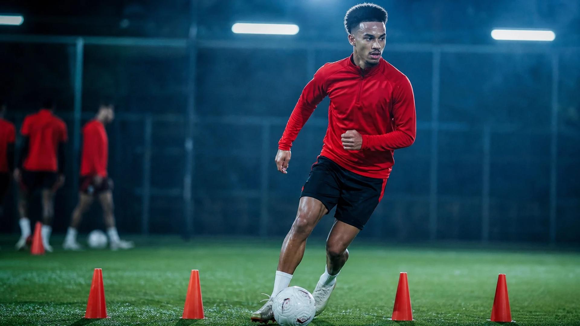 Antonee Robinson training at Manchester United, showcasing his agility and focus with vibrant colors and cold lighting.