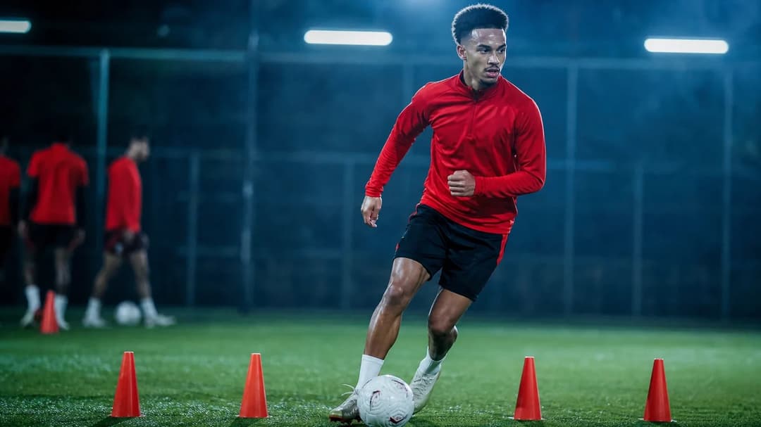 Antonee Robinson training at Manchester United, showcasing his agility and focus with vibrant colors and cold lighting.