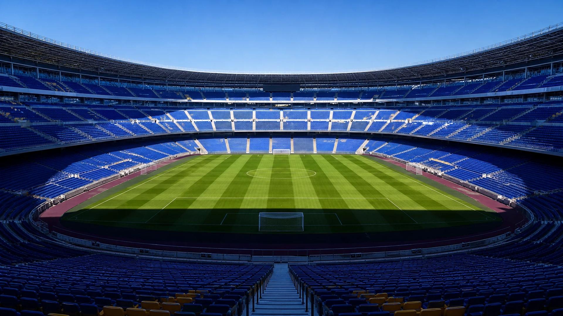 A wide shot of Camp Nou stadium in Barcelona under harsh midday sun, with a touch of neon green accent.