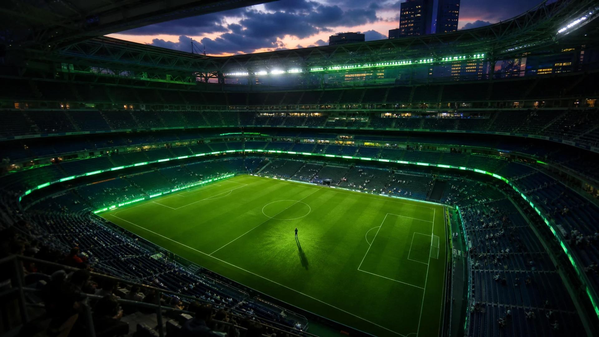 Aerial view of Santiago Bernabéu Stadium at dusk with a small figure of a young footballer on the pitch.
