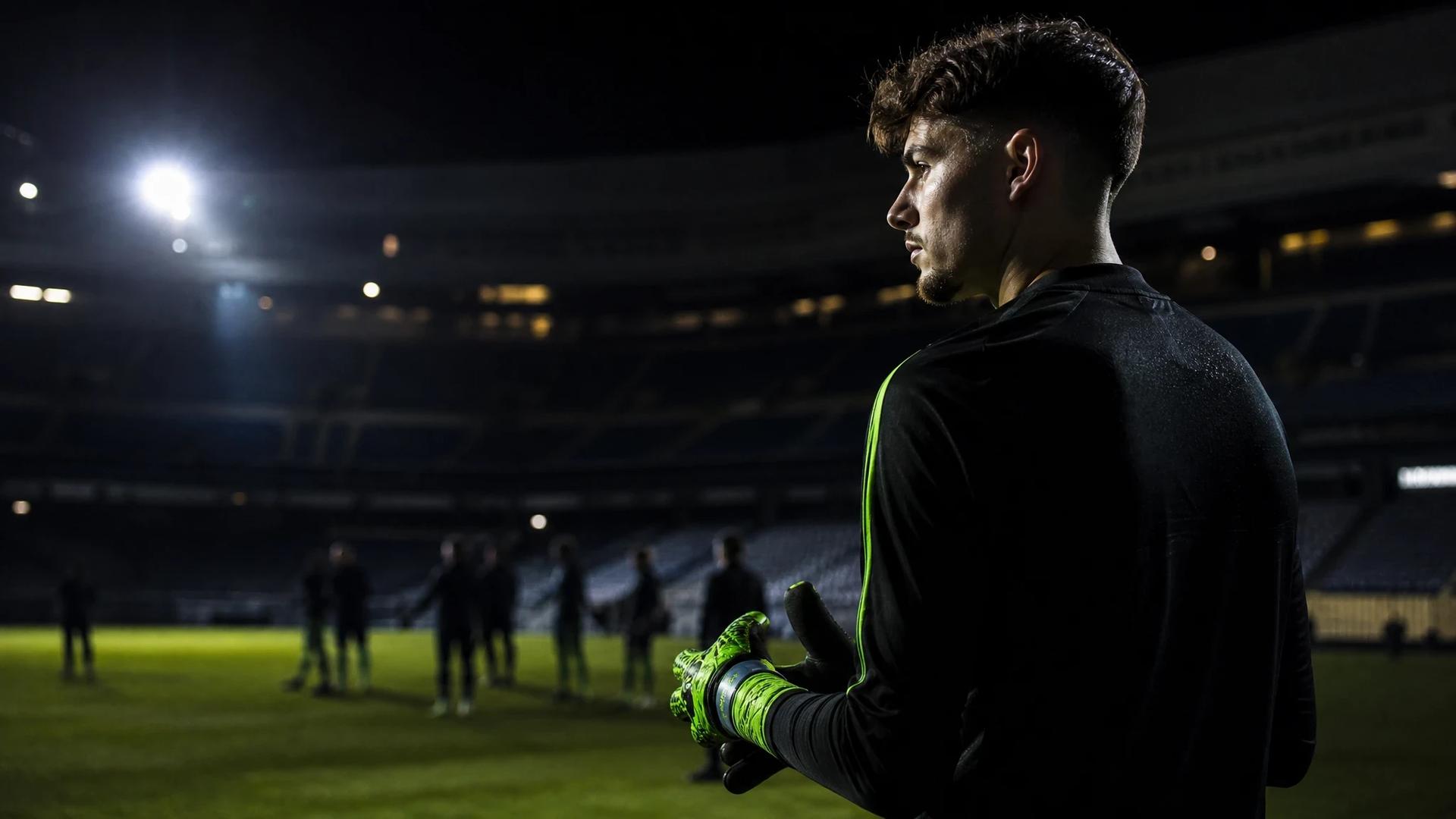A goalkeeper stands on the pitch, focused and ready for action, with a spotlight shining down.