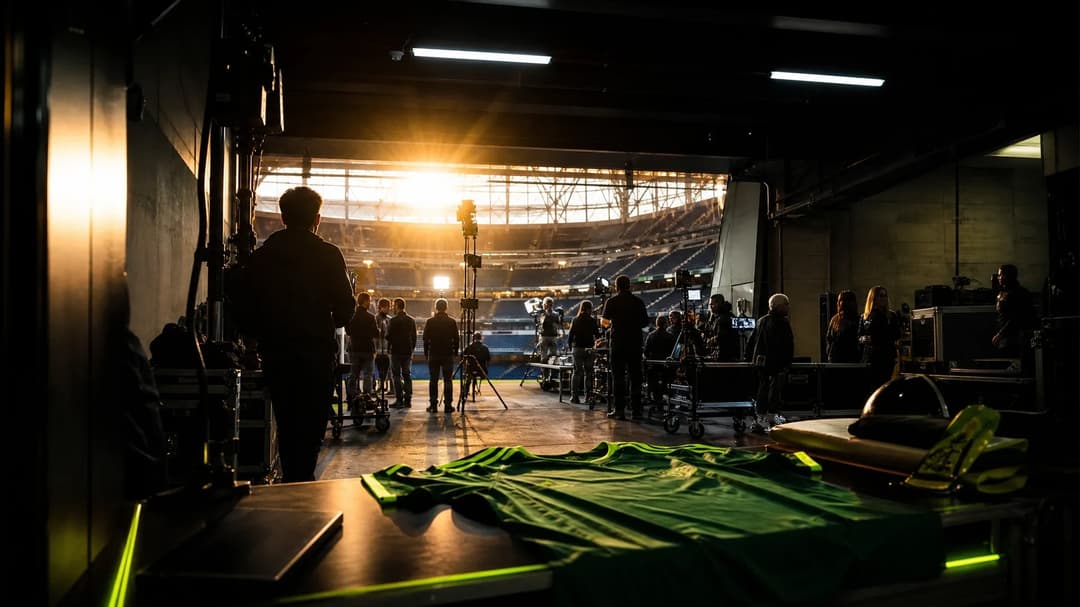 A behind-the-scenes view at the Santiago Bernabéu stadium, preparing for a press announcement.