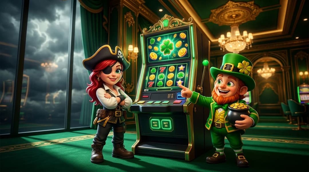 A colorful casino scene featuring NordicSpins mascots demonstrating slot game betting options.