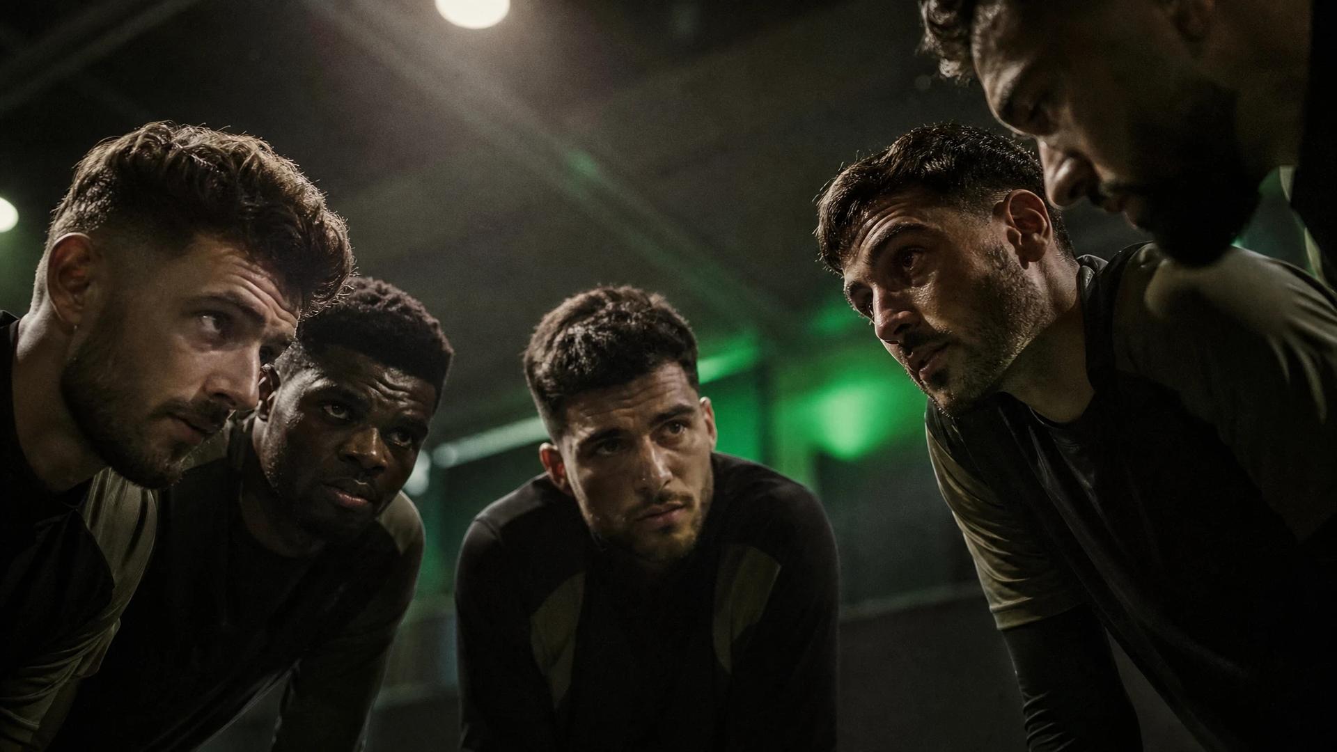 A group of Arsenal players in a meeting, faces revealing determination under dramatic lighting.