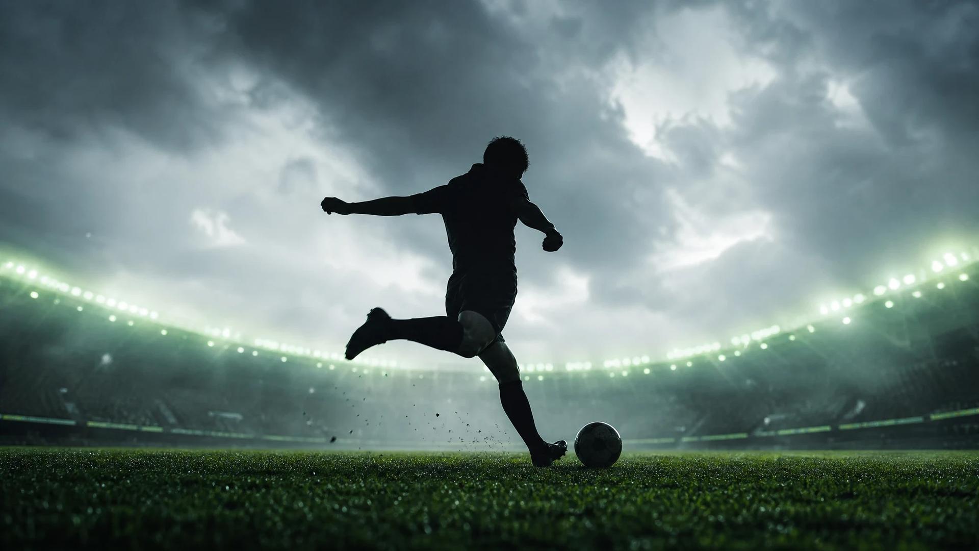 A silhouetted football player in action against a soft, overcast background.