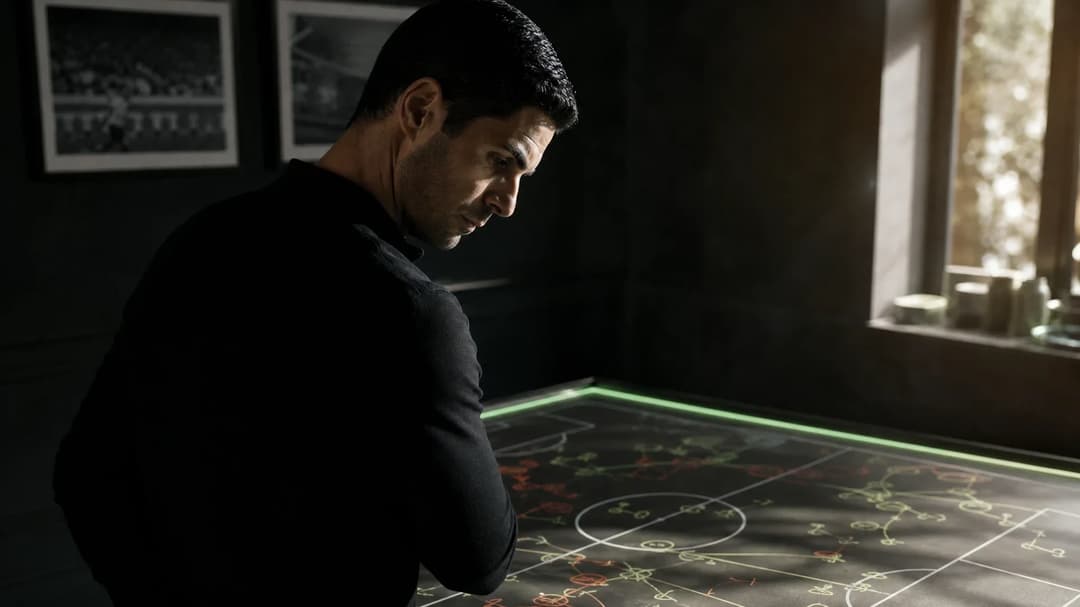 Mikel Arteta reviewing tactics in a training room, with sunlight creating dramatic shadows.