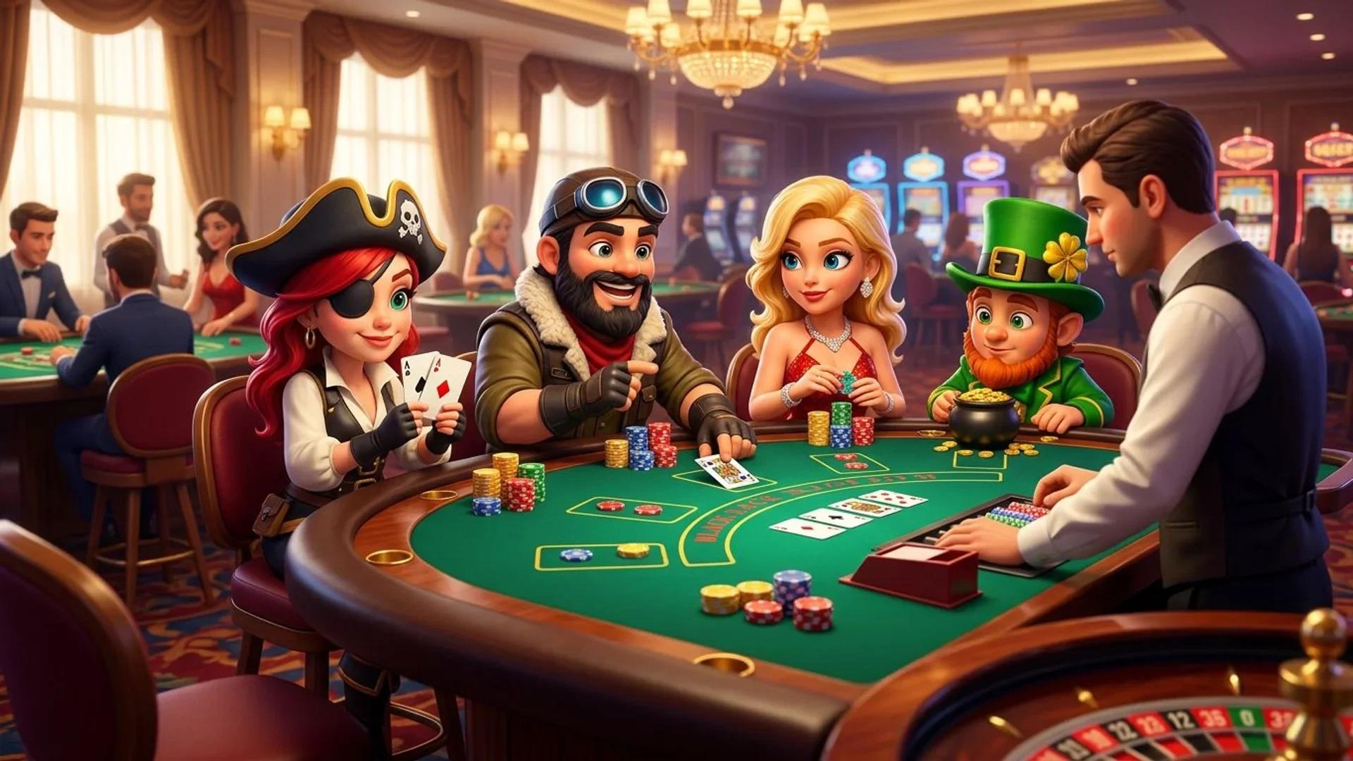 NordicSpins mascots engaging around a Blackjack table in a casino environment.