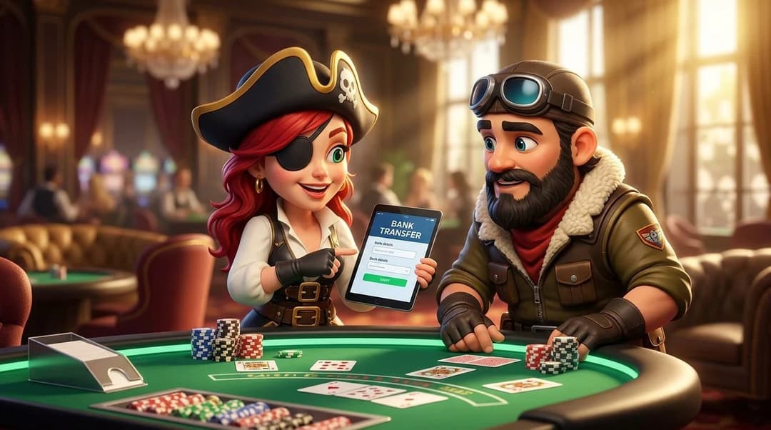 Two NordicSpins mascots interacting around a casino table discussing bank transfers.