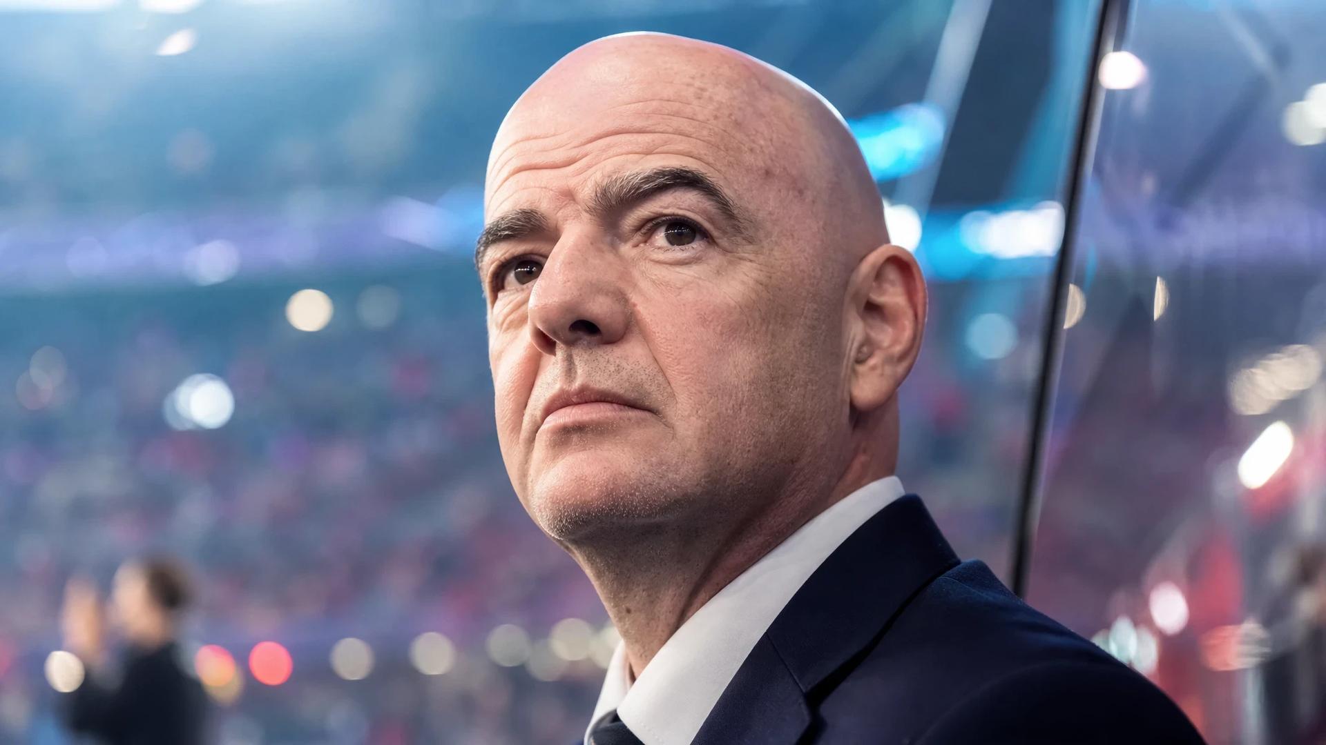 Gianni Infantino in close-up, reflecting before a football announcement.