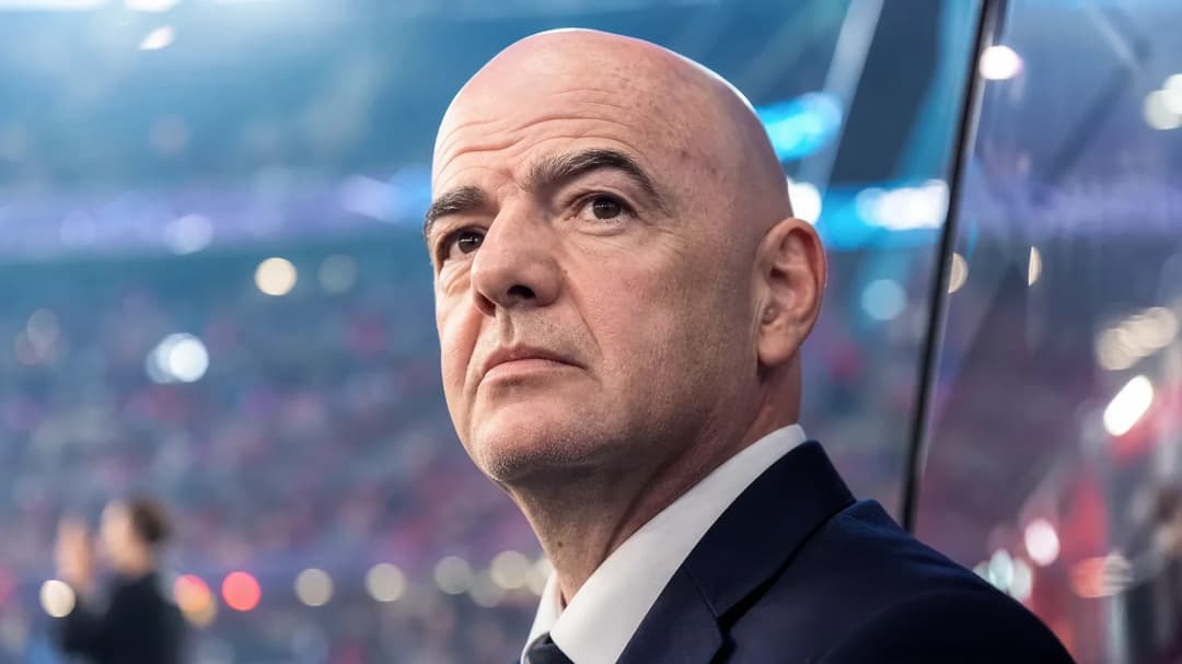 Gianni Infantino in close-up, reflecting before a football announcement.