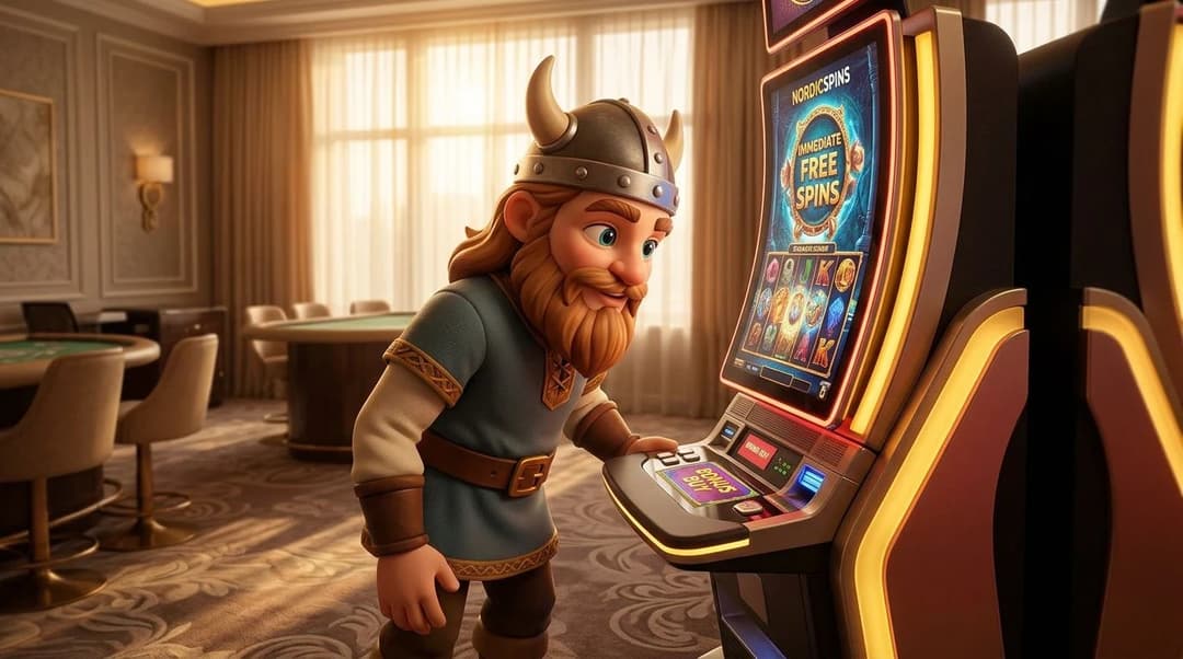 A NordicSpins mascot stands next to a slot machine in a warmly lit casino setting.