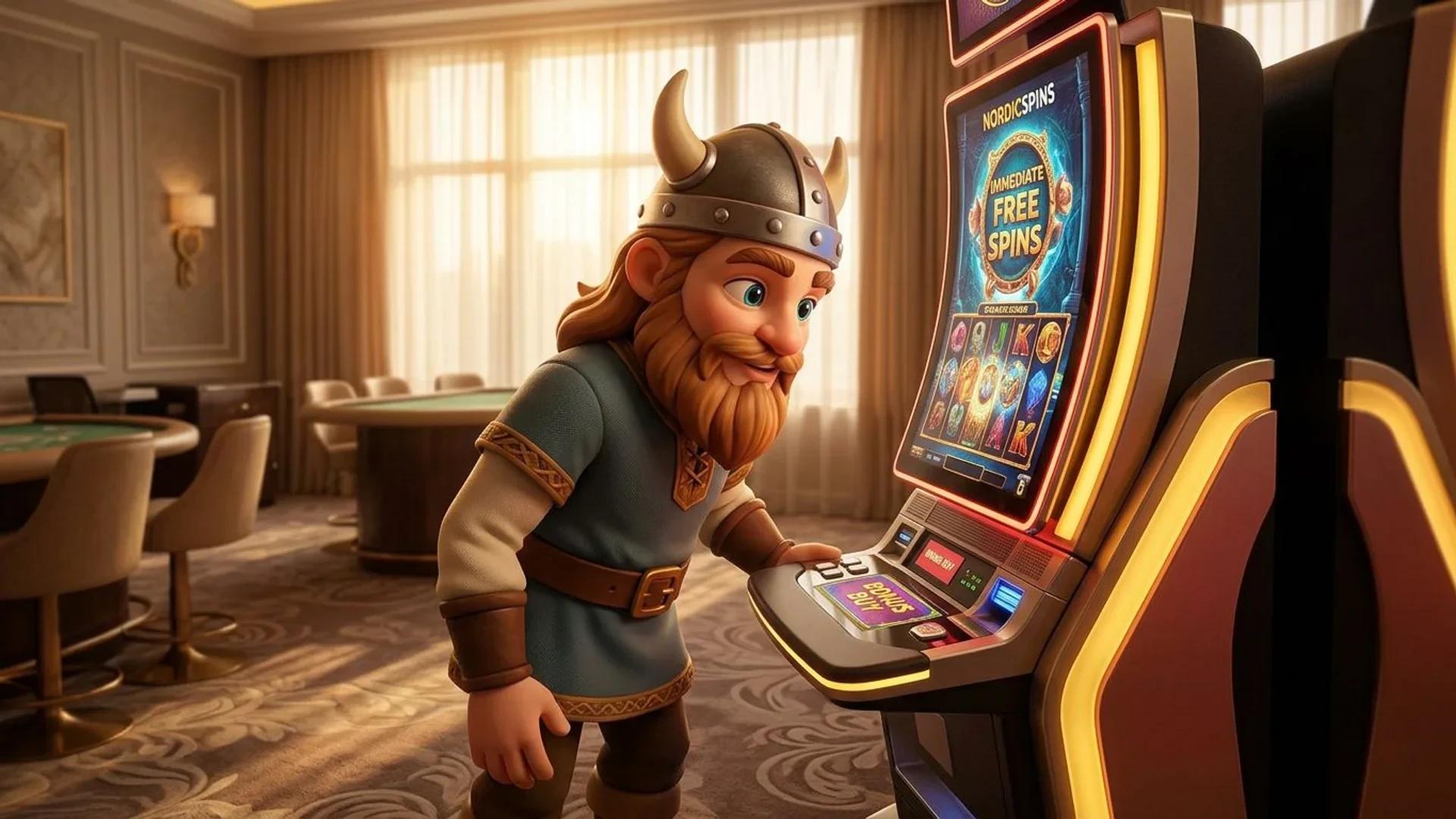 A NordicSpins mascot stands next to a slot machine in a warmly lit casino setting.